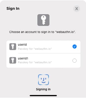 iPhone 12 Proの場合:スマートフォンのパスキーサポートは、サービスに適したパスキーを検索し、最新のものをデフォルトとして2つのパスキーを見つけます。iPhoneは、iCloudにバックアップされたパスキーにアクセスできることに注意してください。これは、ローカルのパスキーではなく、iPhoneのバージョンのパスキーが使用されているケースです。