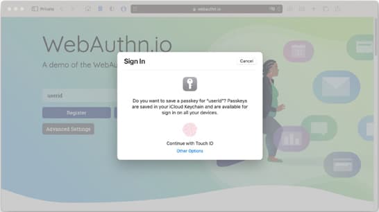 Macbook Pro/Mac OS/Safariの場合:デモサイトにアクセスすると、Safariは今後の使用のためにパスキーを作成する必要があると認識します。Touch IDで認証されると新しいパスキーが作成され、Macbook Proのセキュア・エンクレーブに保存されます