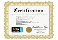 CloudGate UNOの「FIDO U2F Certification」<br>認定資格証書を受領しました。
