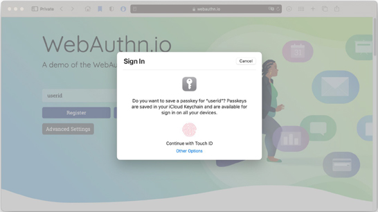Macbook Pro/Mac OS/Safariの場合：デモサイトにアクセスすると、Safariは今後の使用のためにパスキーを作成する必要があると認識します。Touch IDで認証されると新しいパスキーが作成され、Macbook Proのセキュア・エンクレーブに保存されます